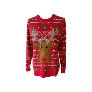 Ugly Holiday Christmas Sweater Women M Reindeer Red Cotton
